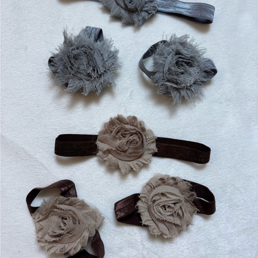 2 Sets of Floral Headband and matching barefoot baby sandals in Gray and Brown
